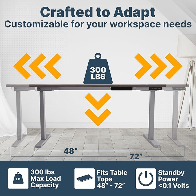 Ansel Dual Electric Motor Desk Frame, 2-Stage Reverse Column Height Adjustable, Home Office Computer Workstation Sit Standing, Memory Keypad, 300lbs Capacity, for tops up to 24"x70", Silver-Frame Only