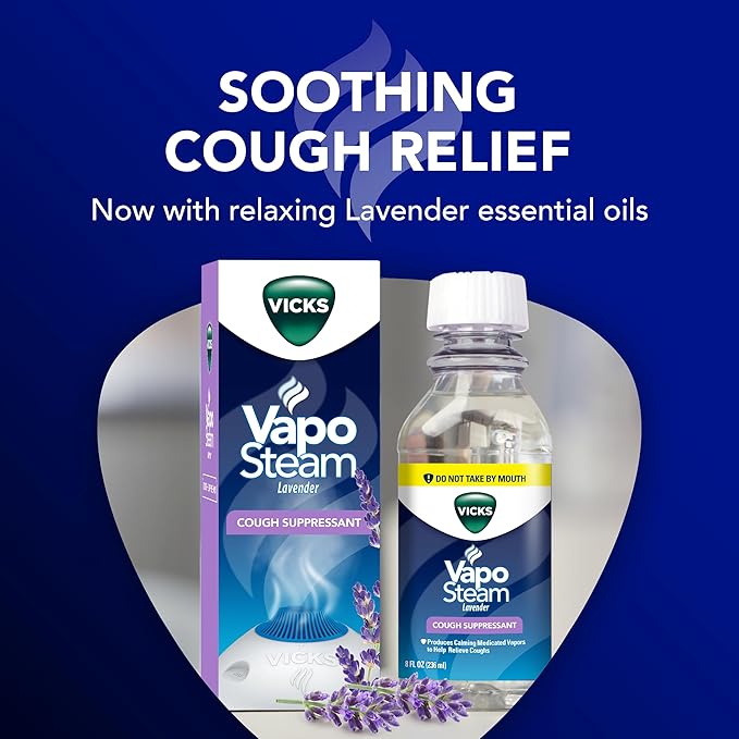 Vicks VapoSteam Lavender, Medicated Liquid Camphor Cough Suppressant, Helps with Cough Relief, Relaxation, and Comfortable Sleep, Compatible with Vicks Humidifiers & Vaporizers, 8 Oz