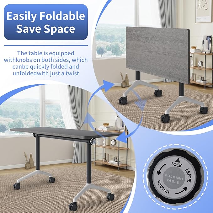 Conference Room Table, Folding Conference Table with Silent Wheels, Modular Flip Top Mobile Training Tables for Office, Training Room, Meeting Rooms, School, 2-16 Person (10, Grey, 70.8in)