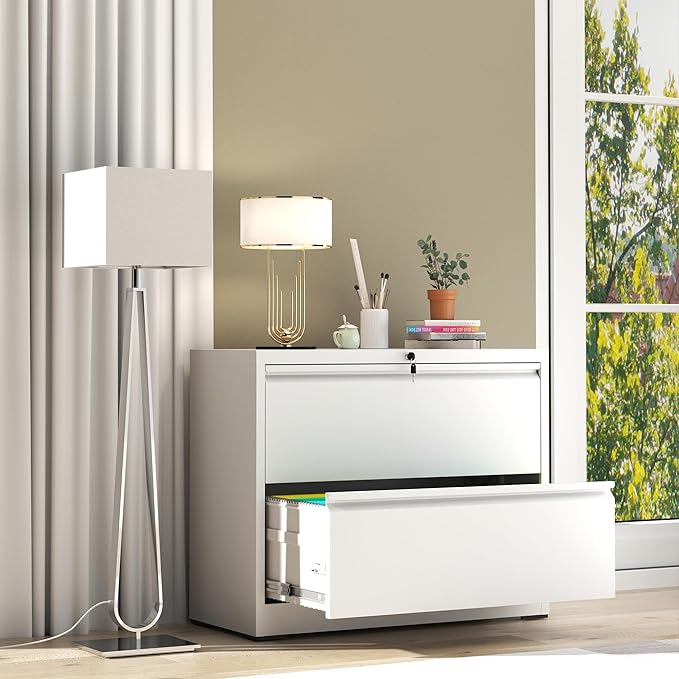 File Cabinet with Lock, 2 Drawer Lateral Filing Cabinet for Home Office, White Metal Heavy Duty File Cabinets for Hanging Letter/Legal/F4/A4 Size Files, Assembly Required