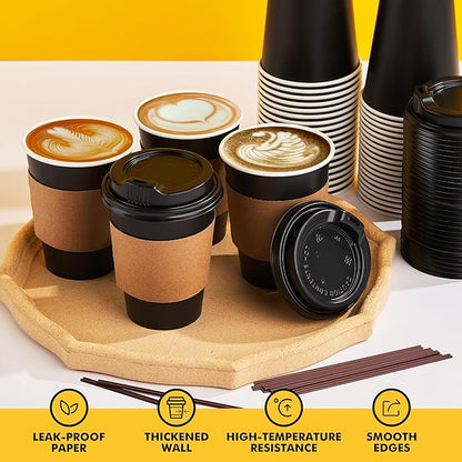 RACETOP 12 oz Paper Coffee Cups,100 Pack Black Disposable Coffee Cups with Lids, Sleeves and Stirring Sticks, 12 oz Hot Coffee Cup for Hot Drinks, Parties, Picnic, Travel, and Events