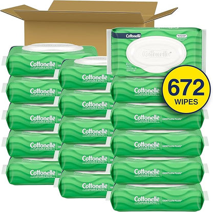 Cottonelle GentlePlus Flushable Wet Wipes with Aloe & Vitamin E, 16 Flip-Top Packs, 42 Wipes Per Pack (672 Total Wipes), Packaging May Vary