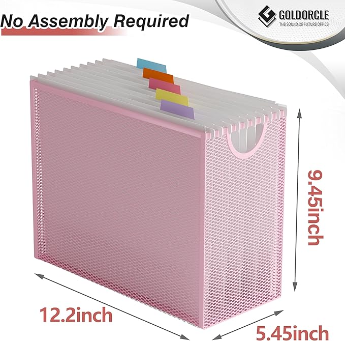 Hanging File Organizer Box, Hanging File Folder Frame Holder Filing Box with 5 Hanging Folders, Metal Mesh Desk File Folder Storage(No Assembly Required), Pink