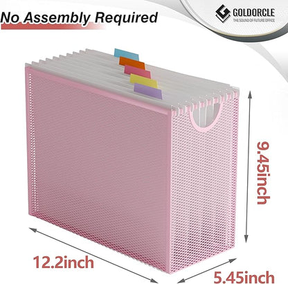 Hanging File Organizer Box, Hanging File Folder Frame Holder Filing Box with 5 Hanging Folders, Metal Mesh Desk File Folder Storage(No Assembly Required), Pink