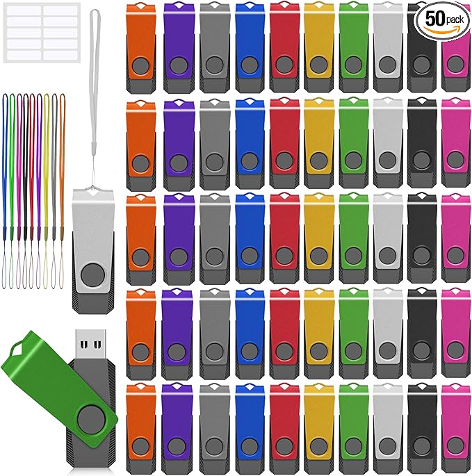AGECASH 2GB USB Flash Drives 50 Pack Bulk USB 2.0 Flash Drive Thumb Drive Swivel Memory Stick USB Jump Drives Multipack 50PCS 2GB for Data Backup with Lanyard & Labels