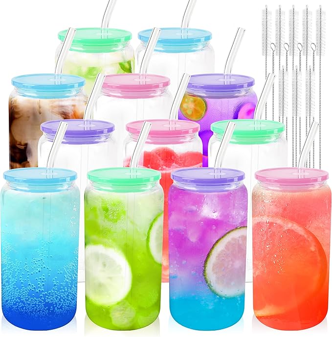 Joyclub 12pcs Glass Cups with Acrylic Lids and Straws 16 oz Can Shaped Glass Iced Coffee Cups with Lids and Straws, Cute Tumbler Cup Drinking Glasses for Smoothie Whiskey Boba Soda Tea Gift