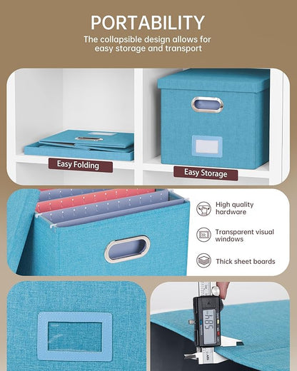 2 Pack File Storage Organizer, Document Organizer, Portable File Box with Lid, Fit for Letter/Legal File Folder Storage,Calamine Blue+Cobalt Green,Box only