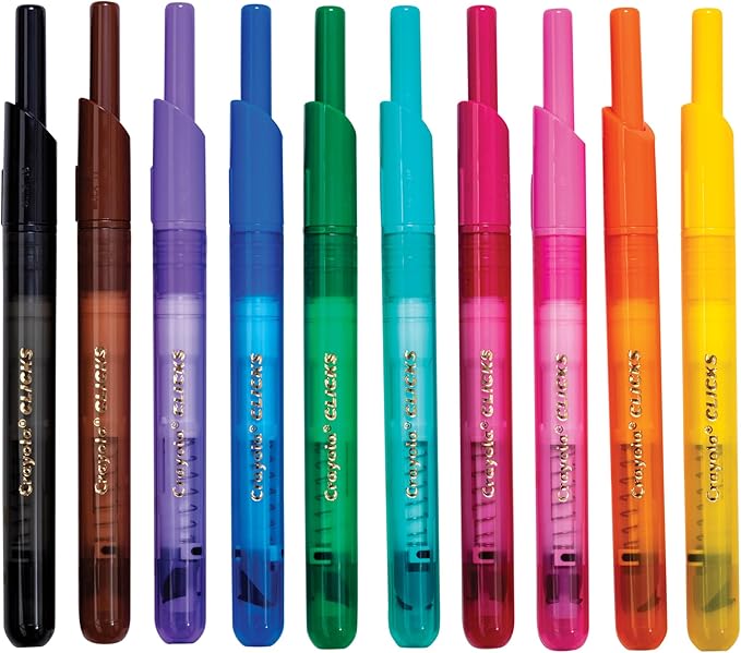 Crayola Clicks Retractable Tip Markers (10ct), Stocking Stuffers for Kids & Toddlers, Cone Tip Washable Art Marker Set, Coloring Book Supplies, No Dry, 3+