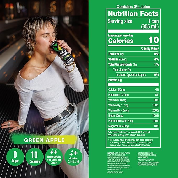 Yesly Energy - All Natural Clean Energy Drink - Zero Sugar Functional Energy Infused with Vitamins and Electrolytes - Green Apple, 12 Fl Oz (Pack of 12)