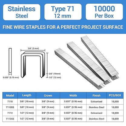 meite 71/12 22 Gauge 304 Stainless Steel Upholstery Staples, 3/8-Inch Crown with 1/2-Inch Leg Length, Heavy Duty Staples for Construction, Furniture, Crafts & DIY Projects (1 Box)