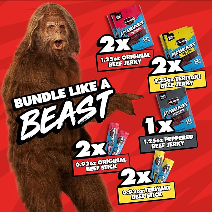 Jack Link’s x MrBeast Beast Beef Jerky Variety Box, 1.25oz Jerky Bags, 0.92oz Beast Sticks, Made with 100% Real Beef, Pantry-Ready, Kids Snacks