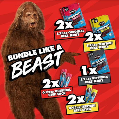 Jack Link’s x MrBeast Beast Beef Jerky Variety Box, 1.25oz Jerky Bags, 0.92oz Beast Sticks, Made with 100% Real Beef, Pantry-Ready, Kids Snacks