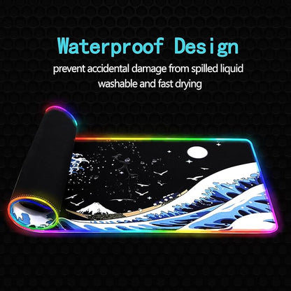 Gaming Laptop Mouse Pad,Sea Wave Big Mice Pads PC Keyboard Waterproof and Non-Slip 31.5 x 11.9 0.12" Thick XL,XXL Rubber Table Mat, RGB Led with 10 Lighting Modes+9 Color Changing Modes Mat