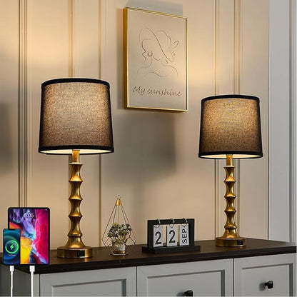 Gold Table Lamp 24" Nightstand Lamps Set of 2 Bamboo Shape Base Metal Desk Lamps with Linen Black Shade Modern Bedside Nightlight with USB A+C Ports Rustic Table Lamp for Farmhouse Dining Room