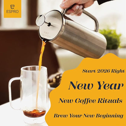 ESPRO P7 French Press Stainless Steel 304 – Patented Double Walled Micro-Filter Insulated French Press Coffee Maker, Grit-Free Brew - Heat Resistant Plastic Free Coffee Maker, Polished (32oz)