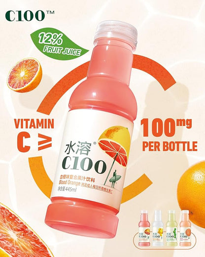 C100 Blood Orange Flavored Composite Juice Drink，100mg Vitamin C Per Bottle, 12% Real Fruit Juice, -15 fl oz, 445mL, 15 Pack