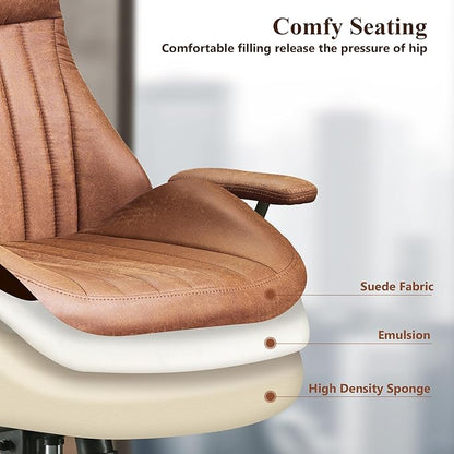 Mid Century Modren Office Chair - Fuax Leather Suede Brown Executive Chairs Ergonomic Mid Back with Lumbar Support, Swivel Computer Desk Task Chair with Wheels for Home Office (Brown, Hign Back)