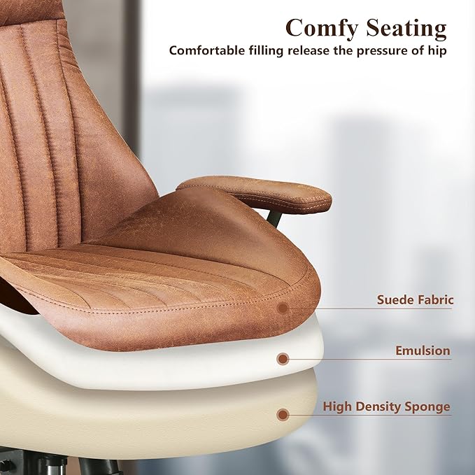 Mid Century Modren Office Chair,High Back Ergonomic Executive Chair with Lumbar Support, Computer Desk Swivel Task Chair with Wheels, Faux Lether Suede Fabric Home Chair (High Back, Brown)
