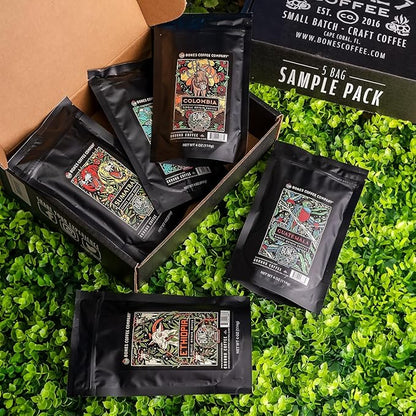 Bones Coffee Company NEW World Tour Sample Pack, Single-Origin Flavored Coffee Medium Roast Arabica Beans Specialty Coffee Gifts Compatible Auto Drip and French Press, 4 oz Pack of 5 Whole Bean