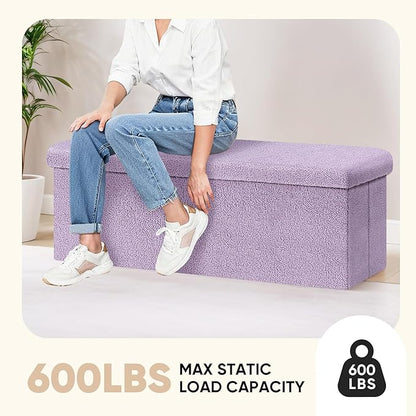 PINPLUS Folding Storage Ottoman Bench, Sherpa Ottoman with Storage, Large Long Shoes Bench Chest with Lid, Footrest for Living Room, Entryway, Purple 43'' x 15'' x 15''