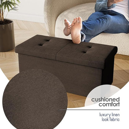 STORAGEBUD Storage Ottoman Bench with Bins, 30-in Storage Bench for Bedroom End of Bed, Folding Foot Rest Ottoman for Living Room Max 660lbs, Fabric Ottomans, Brown
