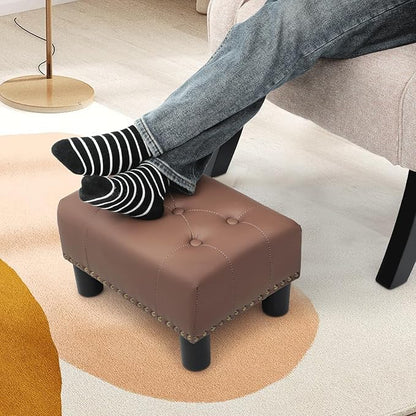 Athena Collection Small Ottoman Foot Rest with Legs, PU Leather Ottoman Foot Stool with Soft Padded seat, Square Footstool FootRest for Living Room, Bedroom, Office, Brown