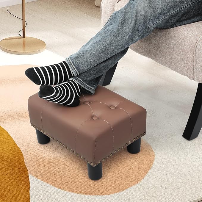 Athena Collection Small Ottoman, Leather Upholstered Foot Rest & Storage Ottoman Rectangular Footstool with Legs & Nailhead Trim, Brown