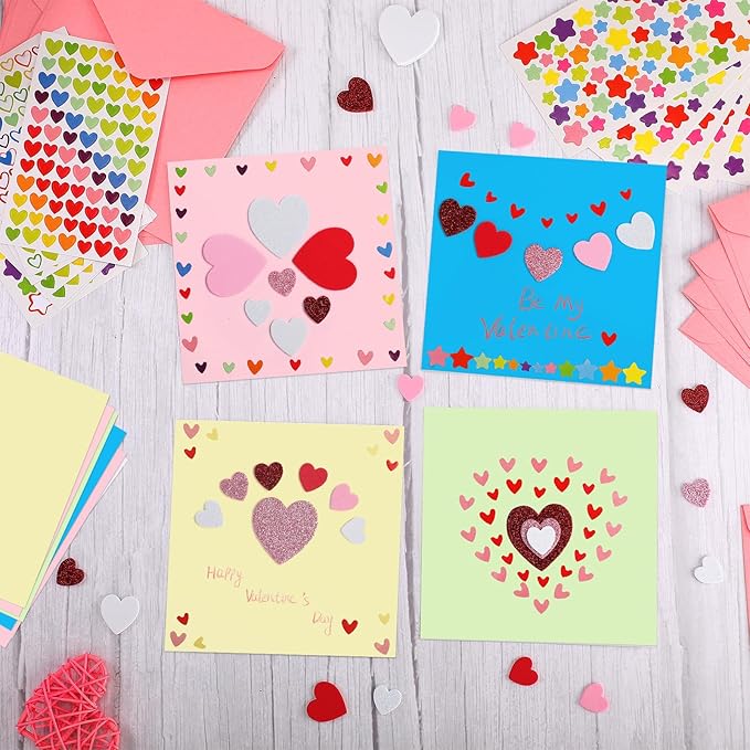 Zonon 16 Pack Valentines Crafts DIY Card Valentines's Day Kits Foam Heart Sticker Craft DIY Kits Envelopes Cards Set for Exchange Gifts (Colorful)