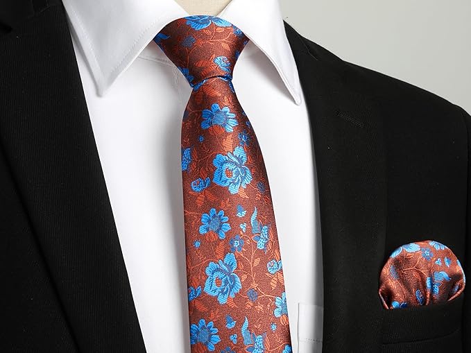 HISDERN Men Floral Ties Woven Classic 3.4" Necktie Set Formal Tie Pocket Square for Wedding with Handkerchief Gift Box
