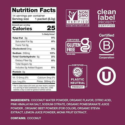 Cure Hydration | Plant-Based Electrolyte Drink Mix | No Added Sugar | FSA-HSA | Dehydration Relief Powder Made with Coconut Water | Non-GMO | Vegan | Pouch of 14 Packets - Berry Pomegranate