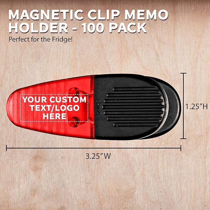 100 Magnetic Memo Holders Set - Customizable Text, Logo - Large Clip, Plastic - TRed