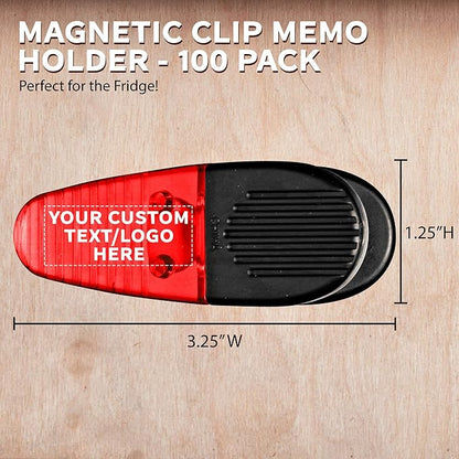 100 Magnetic Memo Holders Set - Customizable Text, Logo - Large Clip, Plastic - TRed