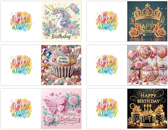 6PCS Diamond Art Painting Greeting Card Set, Birthday Pattern Cards with Envelopes,DIY Card Making Kits Thank You Card Arts Crafts for Birthday
