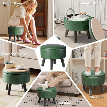 Small Foot Stool Ottoman with Storage, Faux Leather Ottoman Foot Rest for Couch, Round Footstool Ottomans for Living Room (Green)