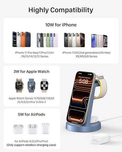 Anlzm 3 in 1 Charging Station for iPhone, Wireless Charger for iPhone 17 16e 16 15 14 13 12 11 X Pro Max & Apple Watch - Charging Stand Dock for AirPods (Blue)