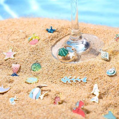 Junkin 24 Pcs Wine Glass Charms Markers Tags for Stem Glasses Drink Markers Wine Charm Ring Identifier for Wedding Bachelorette Tasting Holiday Party Favor Decoration (Beach Style)