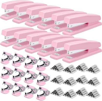 Deli Stapler, 12 Pack Staplers with 12000 Staples and 12 Staple Removers, Staplers for Desk, 25 Sheet Capacity, Pink