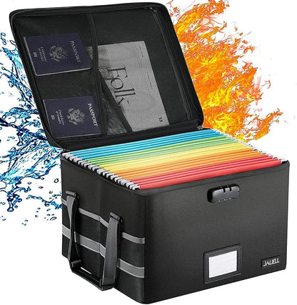 File Box with Lock - Fireproof Document Box File Organizer with Zipper & Adjustable Handle, Collapsible File Storage Box for Home Office, Filing Cabinet for Hanging Letter/Legal Folder