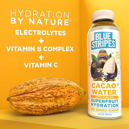 Blue Stripes Cacao Water - Cold Pressed Superfruit Hydration with Electrolytes & Antioxidants, No Sugar Added, All Natural, Great for Protein Shakes & Smoothies - Just Cacao, 12 Pack