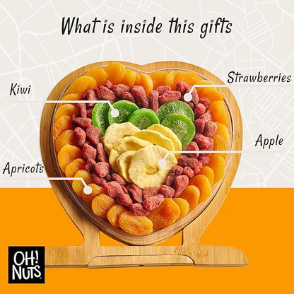 Oh! Nuts Dried Fruit Gift Basket - Gourmet Gift Baskets - Holiday Healthy Assortment Dried Fruits Gift Box - Crafted in the USA - Wooden Heart Shape Gift Tray - (Ruby Heart)