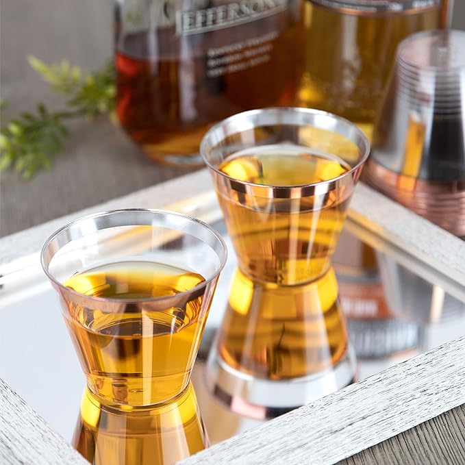 PLASTICPRO 9 oz Disposable Plastic Party Cups,Old fashioned Designed Tumblers, Crystal Clear (Clear With Rose Gold Rim, 200)