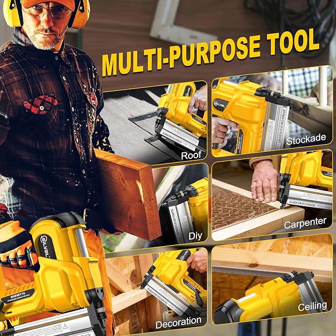 SILVEL 2" Cordless Brad Nailer, 2-in-1 21V Electric Brad Nailer with 2 * 2.0Ah Battery, 1000pcs Nails, 18GA Staples, Adjustable Depth for Woodworking, Home Improvement, yellow