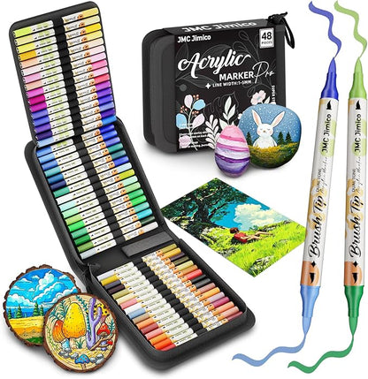 Acrylic 96 Colors Marker Pro Set,Dual-Color Brush Tips, 48 Pieces, Black Case with Floral Design, 1-5mm Line Width, for Drawing, Journaling, Rocks,Wood, Glass