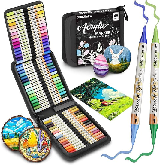 Acrylic 96 Colors Marker Pro Set,Dual-Color Brush Tips, 48 Pieces, Black Case with Floral Design, 1-5mm Line Width, for Drawing, Journaling, Rocks,Wood, Glass