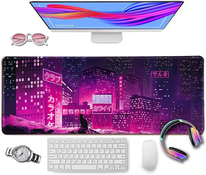 Gaming Laptop Mouse Pad,Sea Wave Big Mice Pads PC Keyboard Waterproof and Non-Slip 31.5" x 11.9" 0.12" Thick XL,XXL Rubber Table Mat, Purple Cyberpunk City Night View