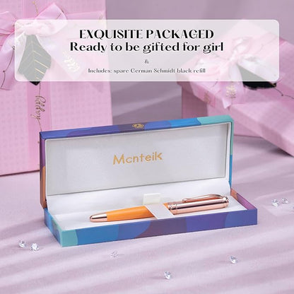 Luxury Rollerball Pen, Top Set With 8mm Brilliant Diamond,Bright Orange Lacquer,Rose Real Gold Finish, Schmidt Black Refill,Elegant Gift Pen For Women, Unique, Office,Nice Designer Pens
