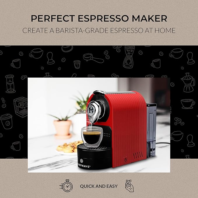 ChefWave Espresso Machine for Nespresso Compatible Capsules (Red) Bundle with Capsule Holder, 2 Glass Cups and Descaling Powder (2 Items)