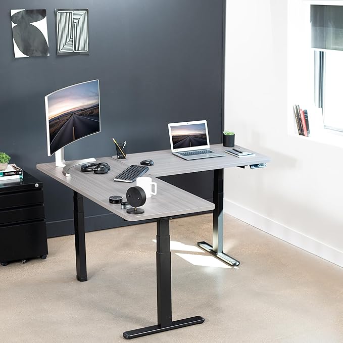 VIVO Electric Height Adjustable 67 x 60 inch Corner Stand Up Desk, 2 Dark Gray Solid Table Tops, Black Frame, Memory Controller, L-Shaped Workstation, 3E Series, DESK-KIT-3E6G