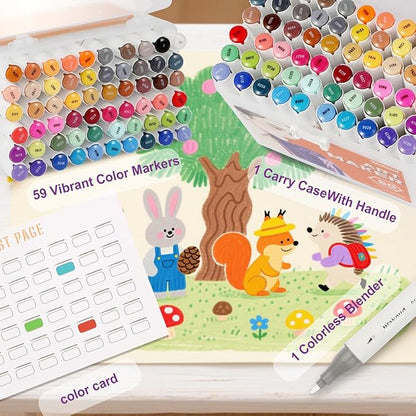 Alcohol Markers, 60 Colors Dual Tip Art Markers with Carrying Case, Drawing Marker, Coloring Marker for Book Painting Card Making for Adults Kids.