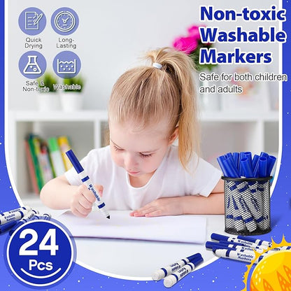 Janlaugh 24 Pcs Washable Markers Bulk Broad Line Markers Coloring Conical Tip Large pens for Kids art projects, Teachers, Students, Toddlers, Party Favors, Classrooms, Donations(Blue)